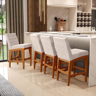 Kit 03 Banquetas Baixa Para Cozinha Bancada Bar Sala Jantar Fixa Mila L02 Suede Bege - Lyam Decor