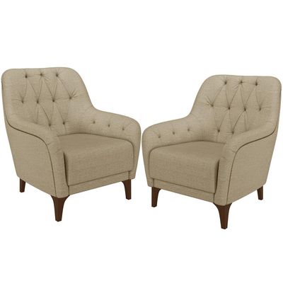 Kit 02 Poltronas Sala De Estar Com Tachas Base Fixa Blenda M03 Linho Bege Escuro - Lyam Decor