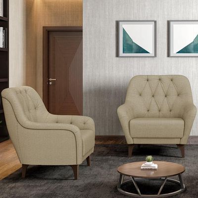 Kit 02 Poltronas Sala De Estar Com Tachas Base Fixa Blenda M03 Linho Bege Escuro - Lyam Decor