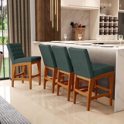 Kit 04 Banquetas Baixa Cozinha Bancada Bar Sala Jantar Fixa Mila L02 Linho Verde Musgo - Lyam Decor