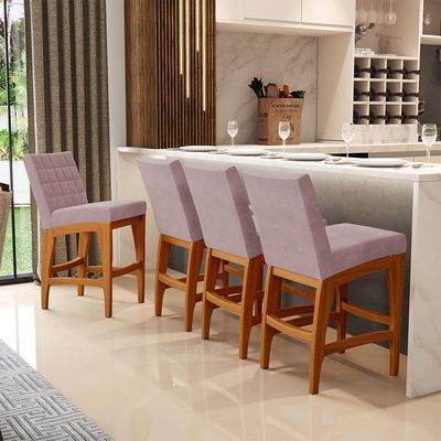 Kit 04 Banquetas Baixa Cozinha Bancada Bar Sala de Jantar Fixa Mila L02 Suede Rosê - Lyam Decor