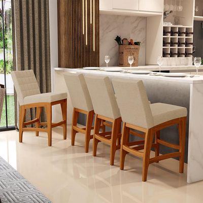Kit 05 Banquetas Baixa Cozinha Bancada Bar Sala Jantar Fixa Mila L02 Linho Bege Escuro - Lyam Decor