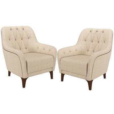 Kit 02 Poltronas Para Sala De Estar Com Tachas Base Fixa Blenda M03 Linho Bege - Lyam Decor