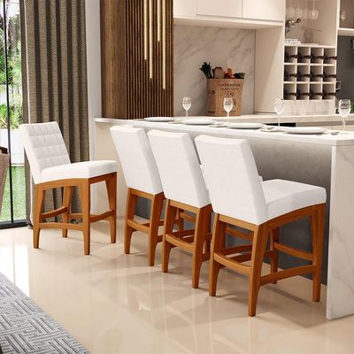 Kit 05 Banquetas Baixa Para Cozinha Bancada Bar Sala de Jantar Fixa Mila L02 Linho Cru - Lyam Decor