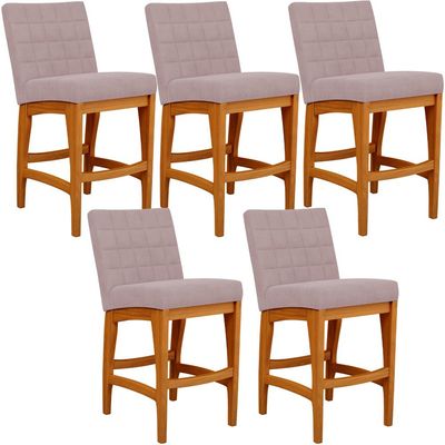 Kit 05 Banquetas Baixa Para Cozinha Bancada Bar Sala Jantar Fixa Mila L02 Suede Rosê - Lyam Decor