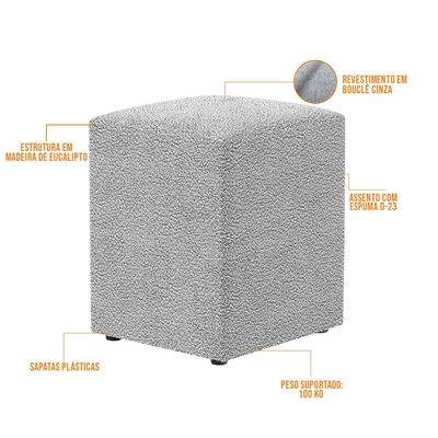 Puff Quadrado Decorativo Sala De Estar L02 Bouclê Cinza - Lyam Decor