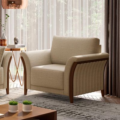 Poltrona Para Sala De Estar Decorativa Base Fixa Stefan M03 Linho Bege Escuro - Lyam Decor