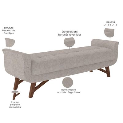 Puff Recamier Decorativo com Pés em Madeira 160 cm Itália P05 Linho Cinza - Lyam Decor