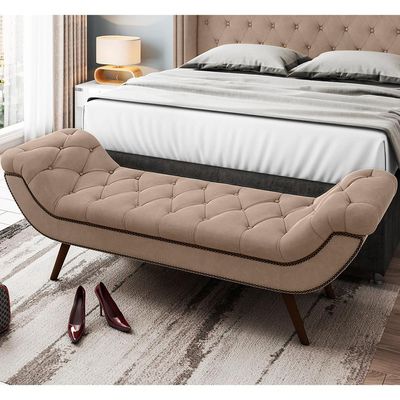 Puff Recamier Decorativo Tamanho Casal com Tachas 140 cm Santorini P05 Veludo Bege - Lyam Decor