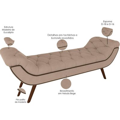 Puff Recamier Decorativo Tamanho Casal com Tachas 140 cm Santorini P05 Veludo Bege - Lyam Decor