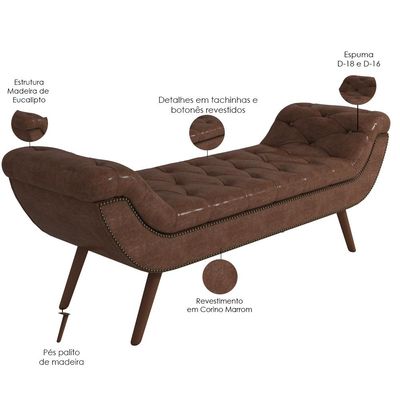 Puff Recamier Decorativo Tamanho Casal com Tachas 140 cm Santorini P05 Corino Marrom - Lyam Decor