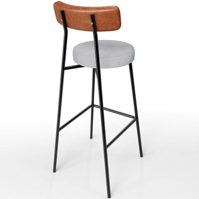 Banqueta Alta Bar Cozinha Sala De Jantar Aço Milão L02 Couríssimo Camel Linho Cinza - Lyam Decor