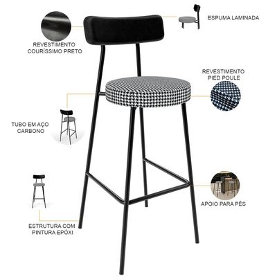 Banqueta Alta Bar Cozinha Sala De Jantar Em Aço Milão L02 Couríssimo Preto Pied Poule - Lyam Decor