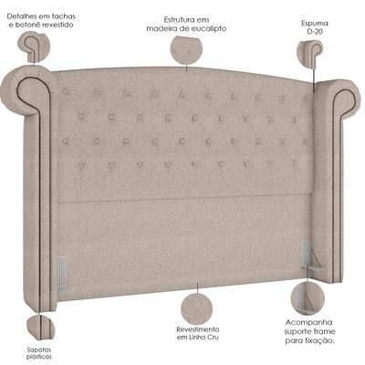 Cabeceira Cama Box King com Tachas 195 cm Sofia P05 Linho Cru - Lyam Decor