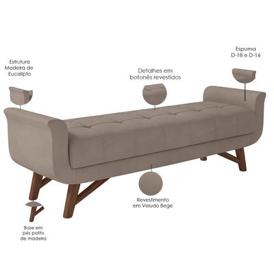 Puff Recamier Decorativo com Pés em Madeira 160 cm Itália P05 Veludo Bege - Lyam Decor