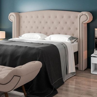 Cabeceira Cama Box Queen com Tachas 160 cm Sofia P05 Linho Bege Areia - Lyam Decor