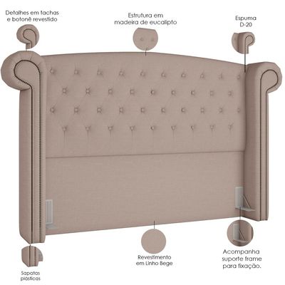 Cabeceira Cama Box Queen com Tachas 160 cm Sofia P05 Linho Bege Areia - Lyam Decor