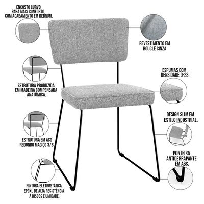 Kit 04 Cadeiras Decorativas Estofada Base De Aço Allana L02 Bouclê Cinza - Lyam Decor