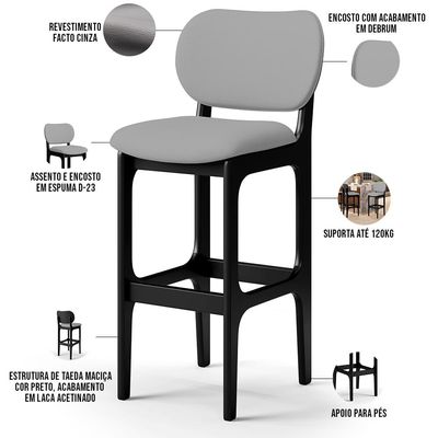 Kit 02 Banquetas Alta Para Cozinha Madeira Fixa Betta L02 Preto Facto Cinza - Lyam Decor