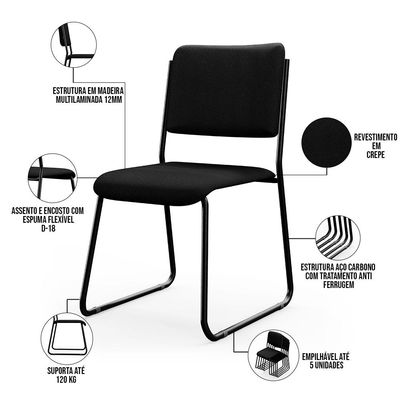 Cadeira Hoteleira Auditório Empilhável Inter L02 Crepe Preto - Lyam Decor