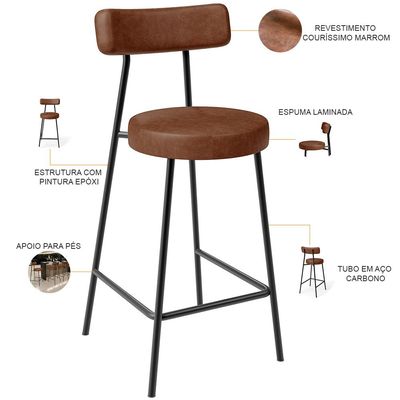Kit 02 Banquetas Baixa Para Cozinha Sala De Jantar Bancada Milão L02 Couríssimo Marrom - Lyam Decor