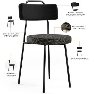 Kit 02 Cadeiras Decorativa Estofada Sala Jantar Barcelona L02 Couríssimo Preto Linho Chumbo - Lyam
