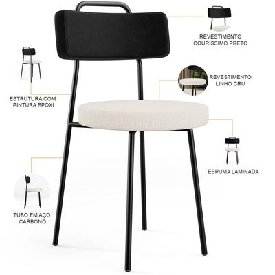 Kit 02 Cadeiras Decorativa Estofada Sala De Jantar Barcelona L02 Couríssimo Preto Linho Cru - Lyam