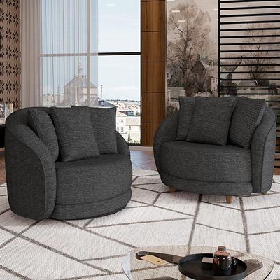 Kit 02 Poltronas Decorativa Sala De Estar Base Fixa De Madeira Witta M03 Linho Chumbo - Lyam Decor