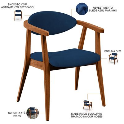 Kit 02 Poltronas Decorativas Para Sala de Estar Jantar Cecília L02 Suede Azul Marinho - Lyam Decor