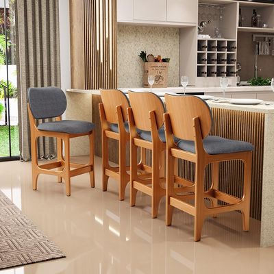 Kit 03 Banquetas Baixa Bar Cozinha E Sala De Jantar Fixa Betta L02 Imbuia Linho Cinza Escuro - Lyam Decor