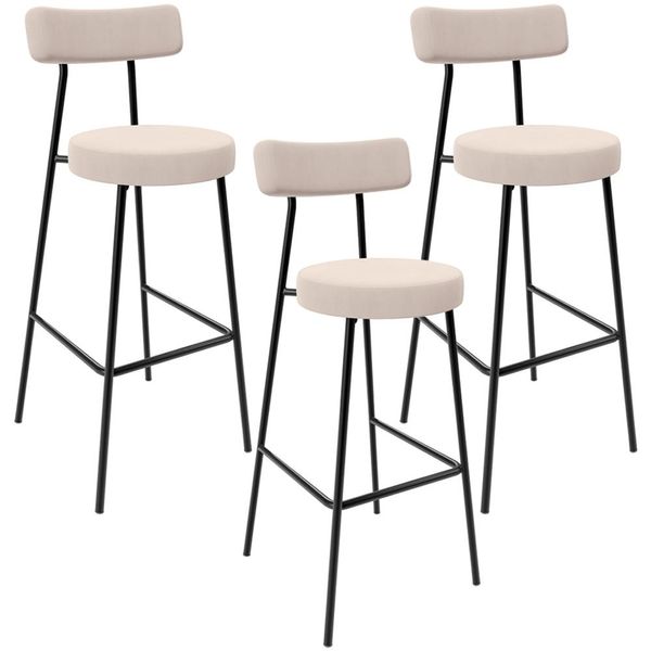 Kit 03 Banquetas Altas Cozinha Bar Sala De Jantar Em Aço Milão L02 Suede Bege - Lyam Decor Kit 03 Banquetas Altas Cozinha Bar Sala De Jantar Em Aço Milão L02 Suede Bege - Lyam Decor