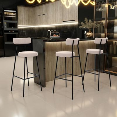 Kit 03 Banquetas Altas Cozinha Bar Sala De Jantar Em Aço Milão L02 Suede Bege - Lyam Decor