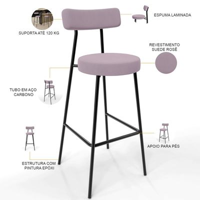 Kit 03 Banquetas Altas Cozinha Bar Sala De Jantar Em Aço Milão L02 Suede Rosê - Lyam Decor