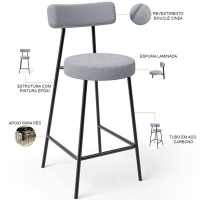Banqueta Baixa Para Cozinha Sala De Jantar Bar Bancada Milão L02 Bouclê Cinza - Lyam Decor