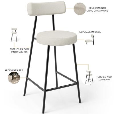 Banqueta Baixa Para Cozinha Sala De Jantar Bar Bancada Milão L02 Linho Champagne - Lyam Decor