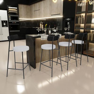 Kit 02 Banquetas Baixa Bar Cozinha Sala Jantar Milão L02 Couríssimo Preto Linho Cinza - Lyam Decor