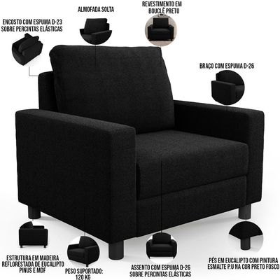 Kit 02 Poltronas Decorativa Para Sala De Estar E Recepção Malta L02 Bouclê Preto - Lyam Decor