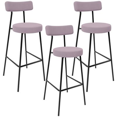 Kit 03 Banquetas Baixa Bar Cozinha Sala De Jantar Em Aço Milão L02 Suede Rosê - Lyam Decor