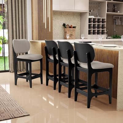 Kit 03 Banquetas Baixa Bar Cozinha E Sala De Jantar Fixa Betta L02 Preto Linho Bege - Lyam Decor