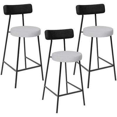 Kit 03 Banquetas Baixa Bar Cozinha Sala Jantar Milão L02 Couríssimo Preto Linho Cinza - Lyam Decor