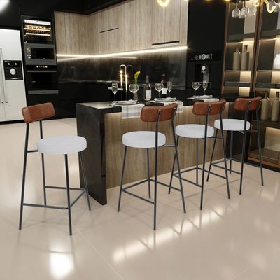 Kit 03 Banquetas Baixa Cozinha Sala De Jantar Milão L02 Couríssimo Marrom Linho Cinza - Lyam Decor