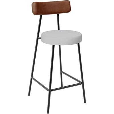 Kit 03 Banquetas Baixa Cozinha Sala De Jantar Milão L02 Couríssimo Marrom Linho Cinza - Lyam Decor