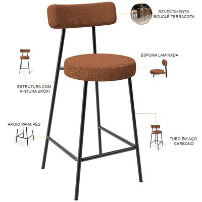 Kit 03 Banquetas Baixa Para Cozinha Sala De Jantar Bar Milão L02 Bouclê Terracota - Lyam Decor