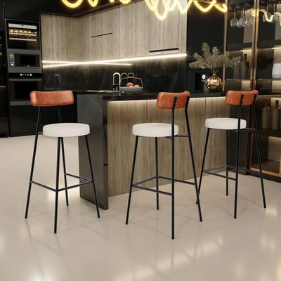 Kit 04 Banquetas Alta Bar Cozinha Sala De Jantar Milão L02 Couríssimo Camel Linho Cru - Lyam Decor