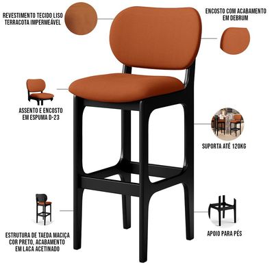 Kit 04 Banquetas Alta Bar Cozinha Sala Jantar Fixa Betta L02 Preto Tecido Terracota - Lyam Decor