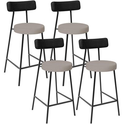 Kit 04 Banquetas Baixa Bar Cozinha Sala Jantar Milão L02 Couríssimo Preto Linho Bege - Lyam Decor