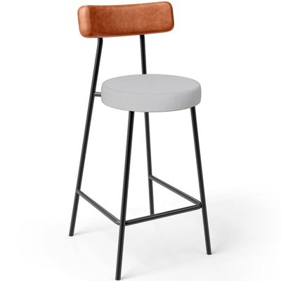 Kit 04 Banquetas Baixa Bar Cozinha Sala Jantar Milão L02 Couríssimo Camel Linho Cinza  - Lyam Decor