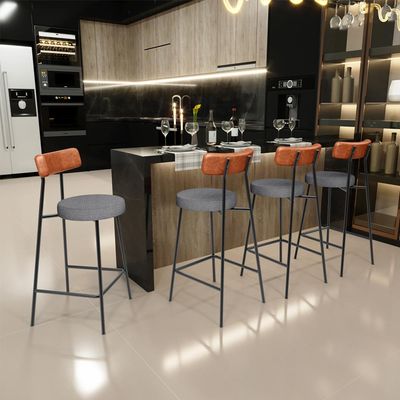 Kit 04 Banquetas Baixa Cozinha Jantar Milão L02 Couríssimo Camel Linho Cinza Escuro - Lyam Decor