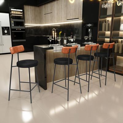 Kit 04 Banquetas Baixa Cozinha Sala Jantar Bancada Milão L02 Couríssimo Camel Preto - Lyam Decor