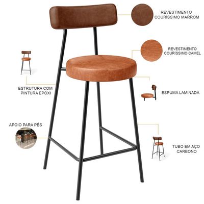 Kit 04 Banquetas Baixa Cozinha Sala Jantar Bancada Milão L02 Couríssimo Marrom Camel - Lyam Decor
